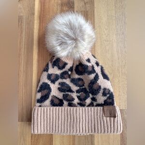 C.C Leopard Print Pom Pom Hat Tan and Black